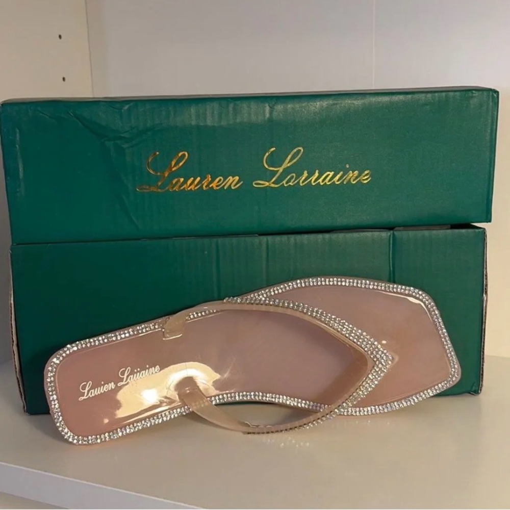 Lauren Lorraine Nude Rhinestone Flip Flops